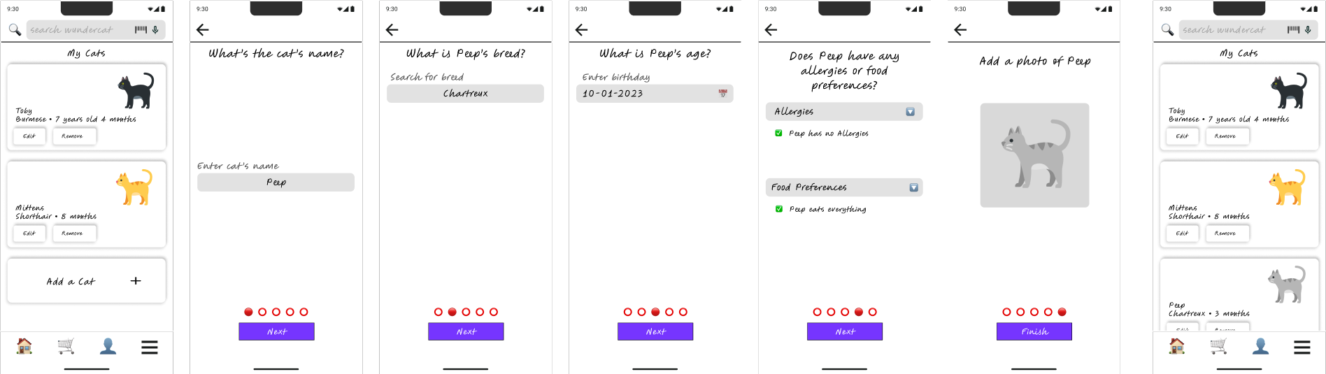 Wireframe flow for adding a cat